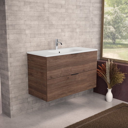 Inda - Mobile bagno L.100 con lavabo opaco / Rovere castano 2 cassetti - Topazio