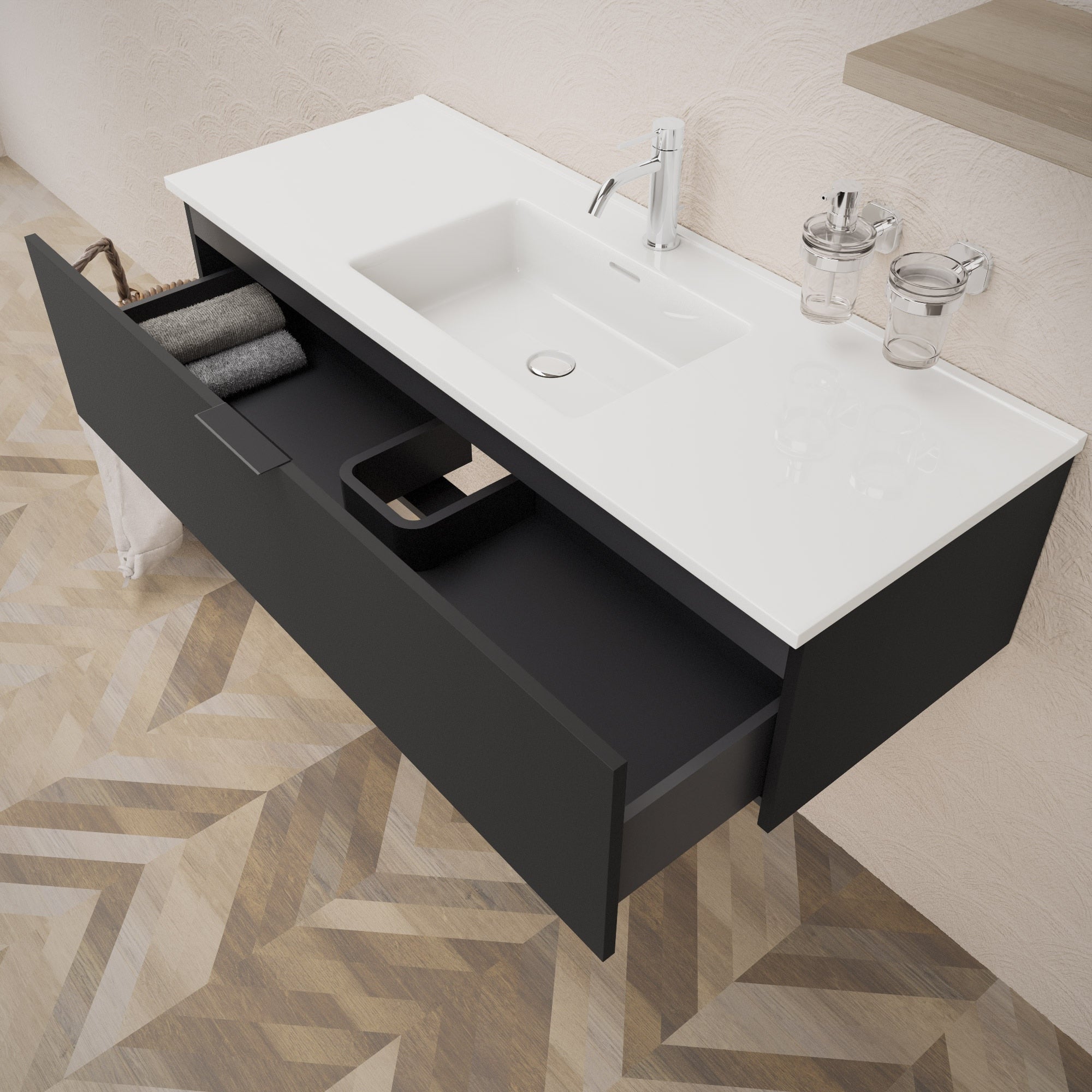 Inda - Mobile bagno L.120 con lavabo lucido / Nero opaco 1 cassetto - Topazio