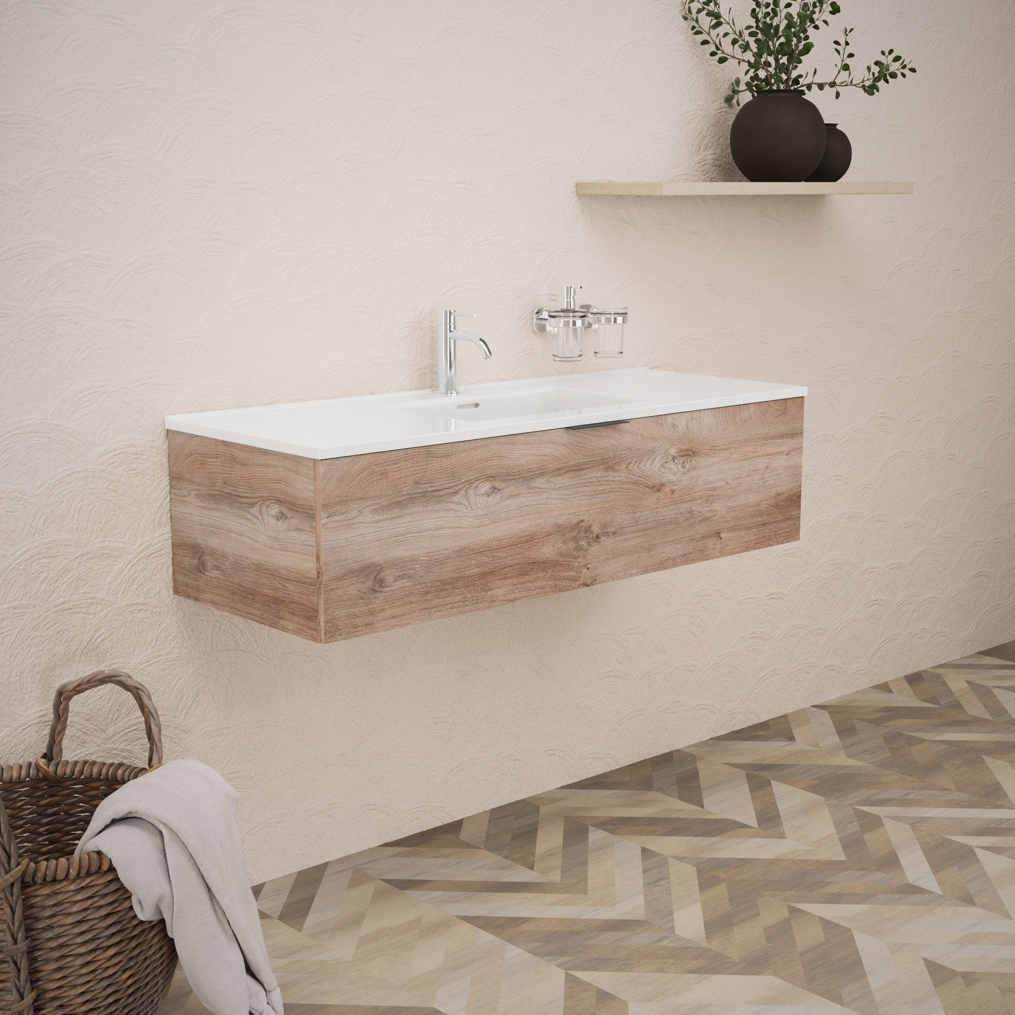 Inda - Mobile bagno L.120 con lavabo lucido / Rovere naturale 1 cassetto - Topazio