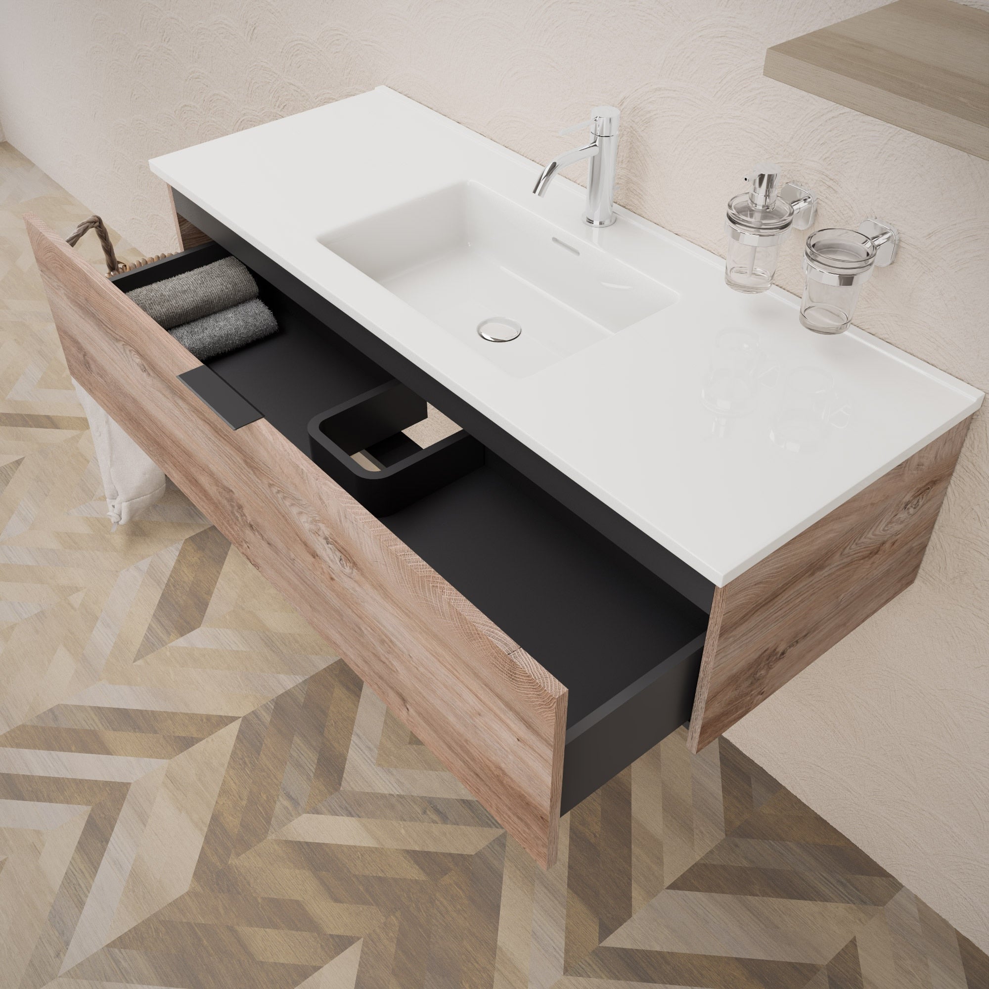 Inda - Mobile bagno L.120 con lavabo lucido / Rovere naturale 1 cassetto - Topazio