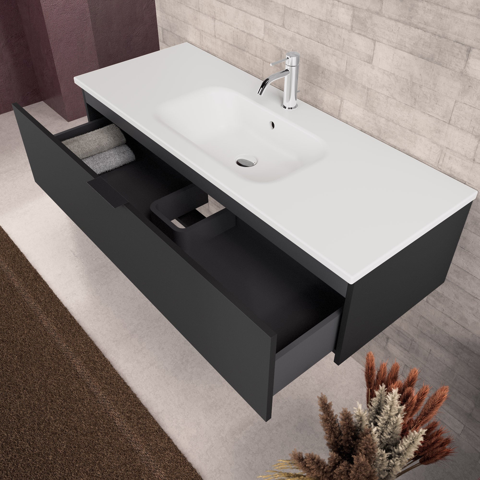 Inda - Mobile bagno L.120 con lavabo opaco / Nero opaco 1 cassetto - Topazio