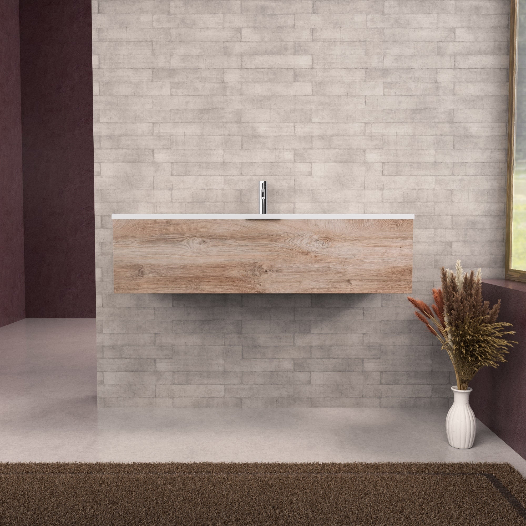 Inda - Mobile bagno L.120 con lavabo opaco / Rovere naturale 1 cassetto - Topazio