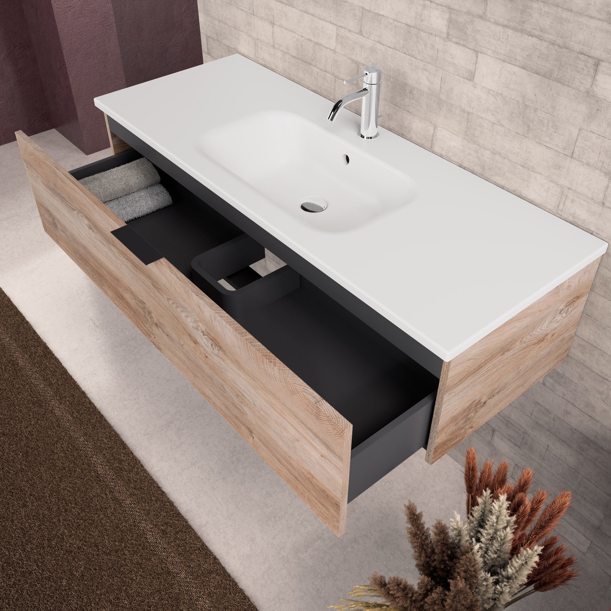 Inda - Mobile bagno L.120 con lavabo opaco / Rovere naturale 1 cassetto - Topazio