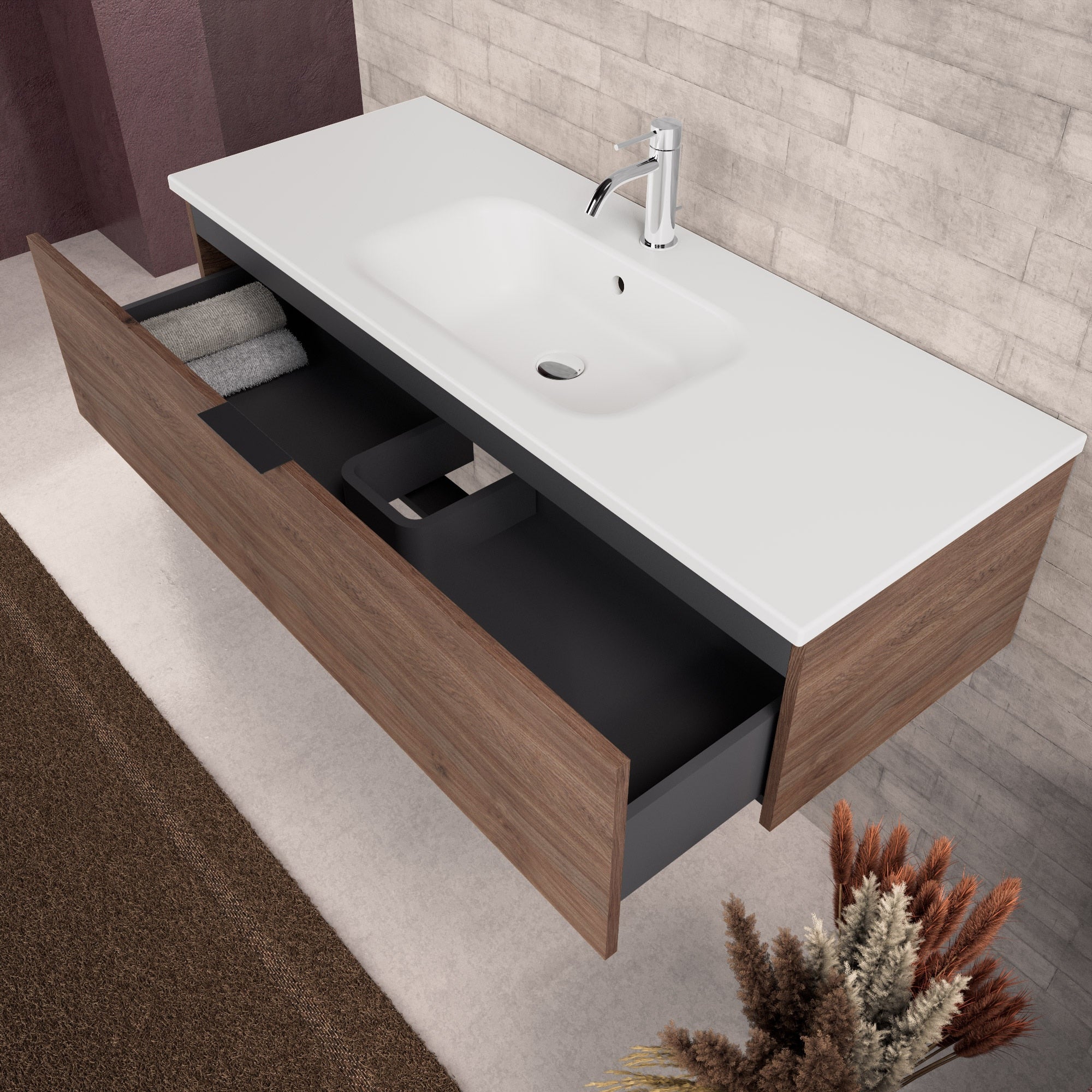 Inda - Mobile bagno L.120 con lavabo opaco / Rovere castano 1 cassetto - Topazio