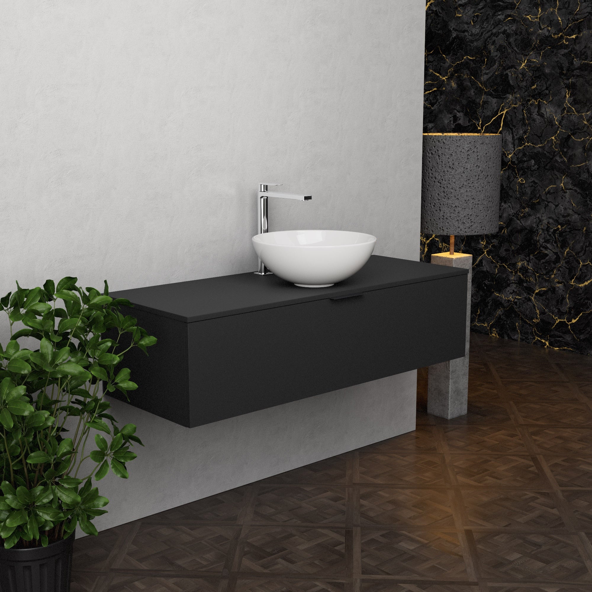 Inda - Mobile bagno L.120 con lavabo in appoggio / Nero opaco 1 cassetto - Topazio