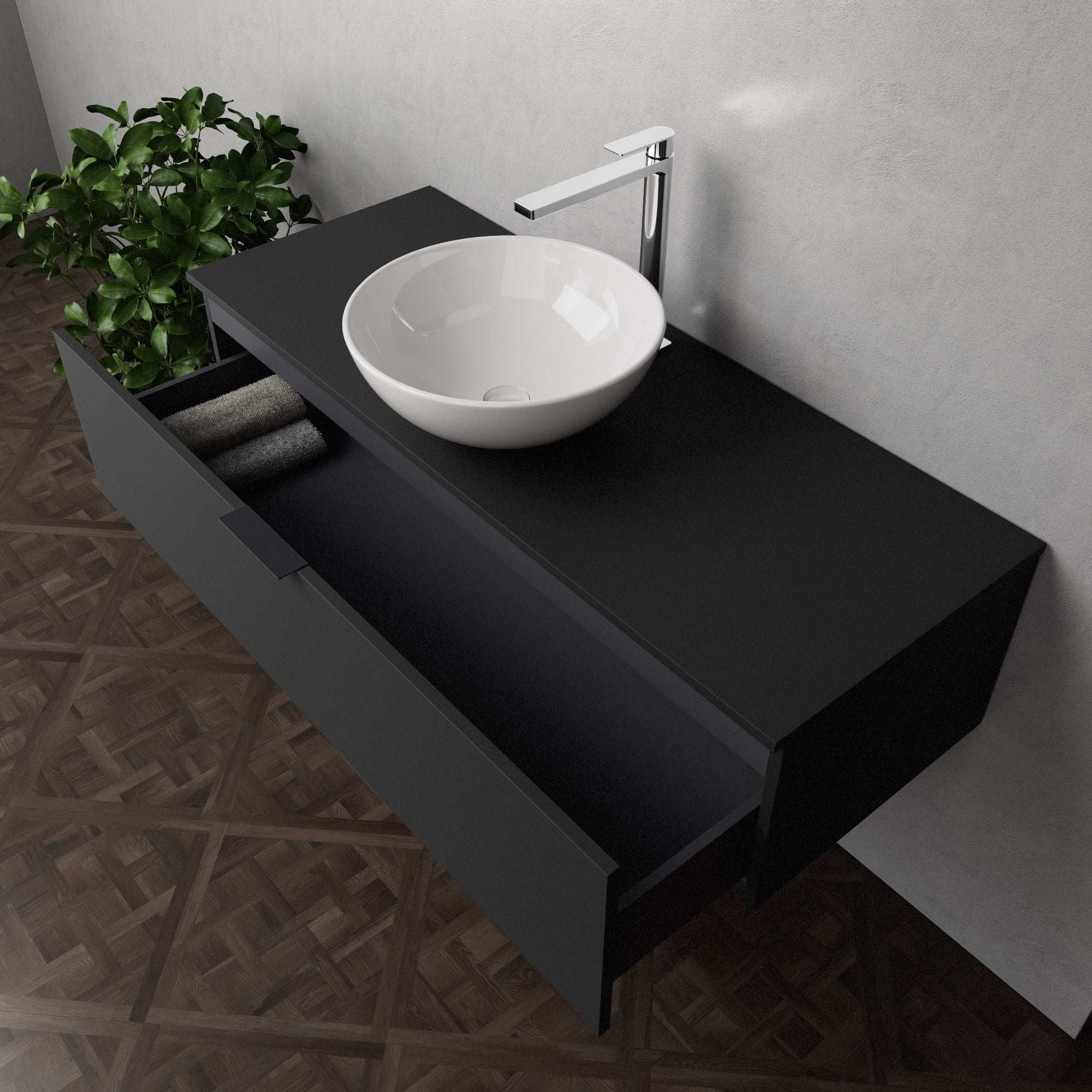 Inda - Mobile bagno L.120 con lavabo in appoggio / Nero opaco 1 cassetto - Topazio