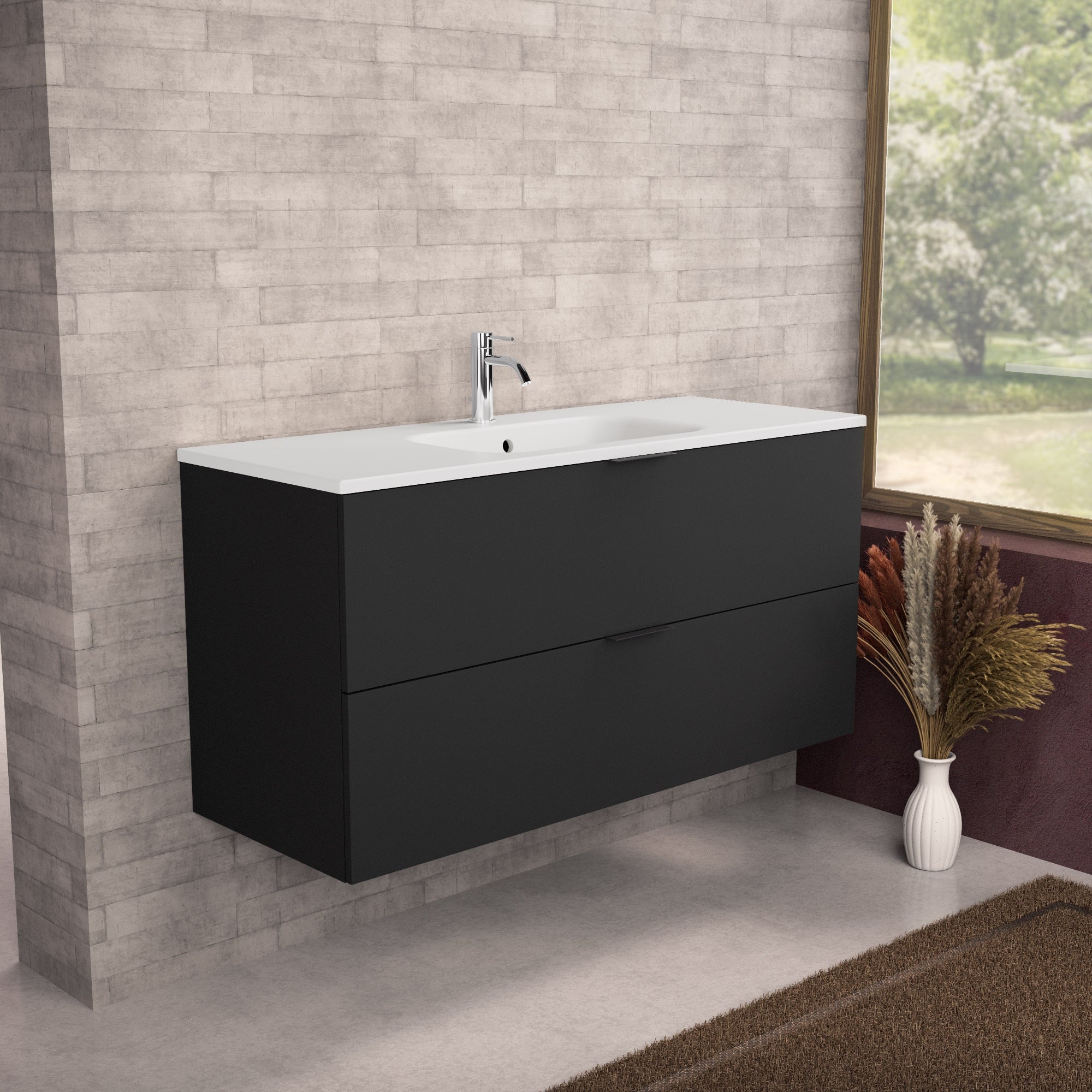 Inda - Mobile bagno L.120 con lavabo opaco / Nero opaco 2 cassetti - Topazio