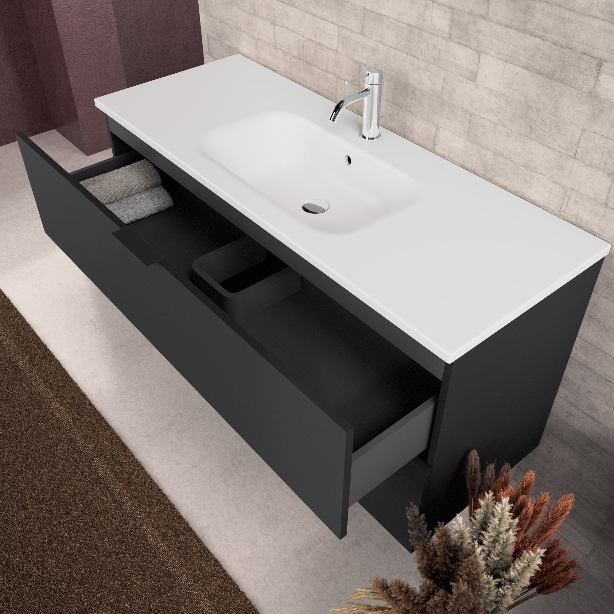Inda - Mobile bagno L.120 con lavabo opaco / Nero opaco 2 cassetti - Topazio