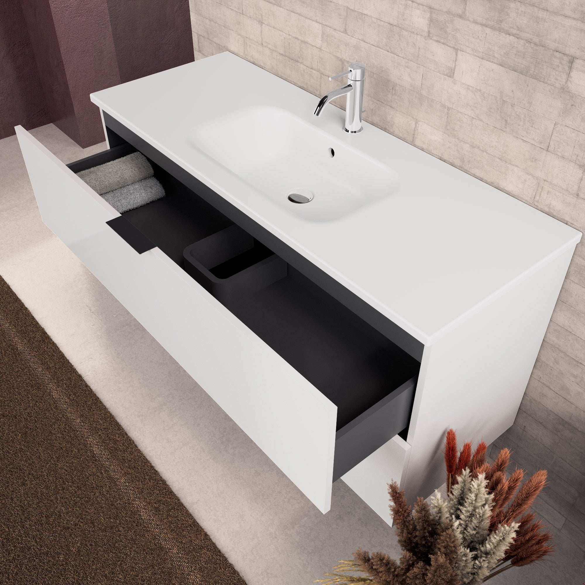 Inda - Mobile bagno L.120 con lavabo opaco / Bianco lucido 2 cassetti - Topazio