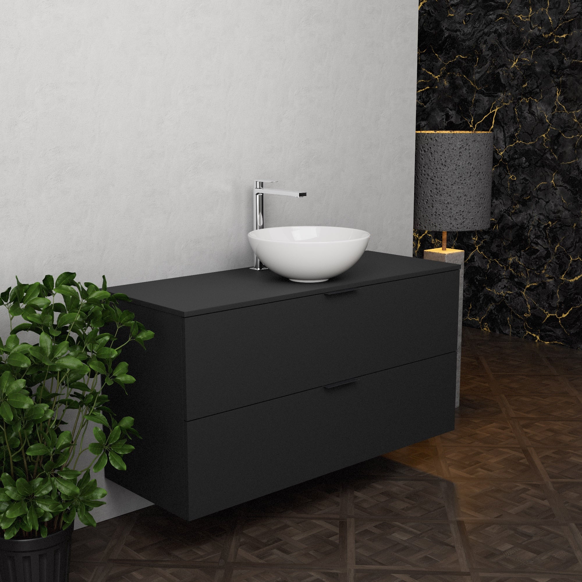 Inda - Mobile bagno L.120 con lavabo in appoggio / Nero opaco 2 cassetti - Topazio