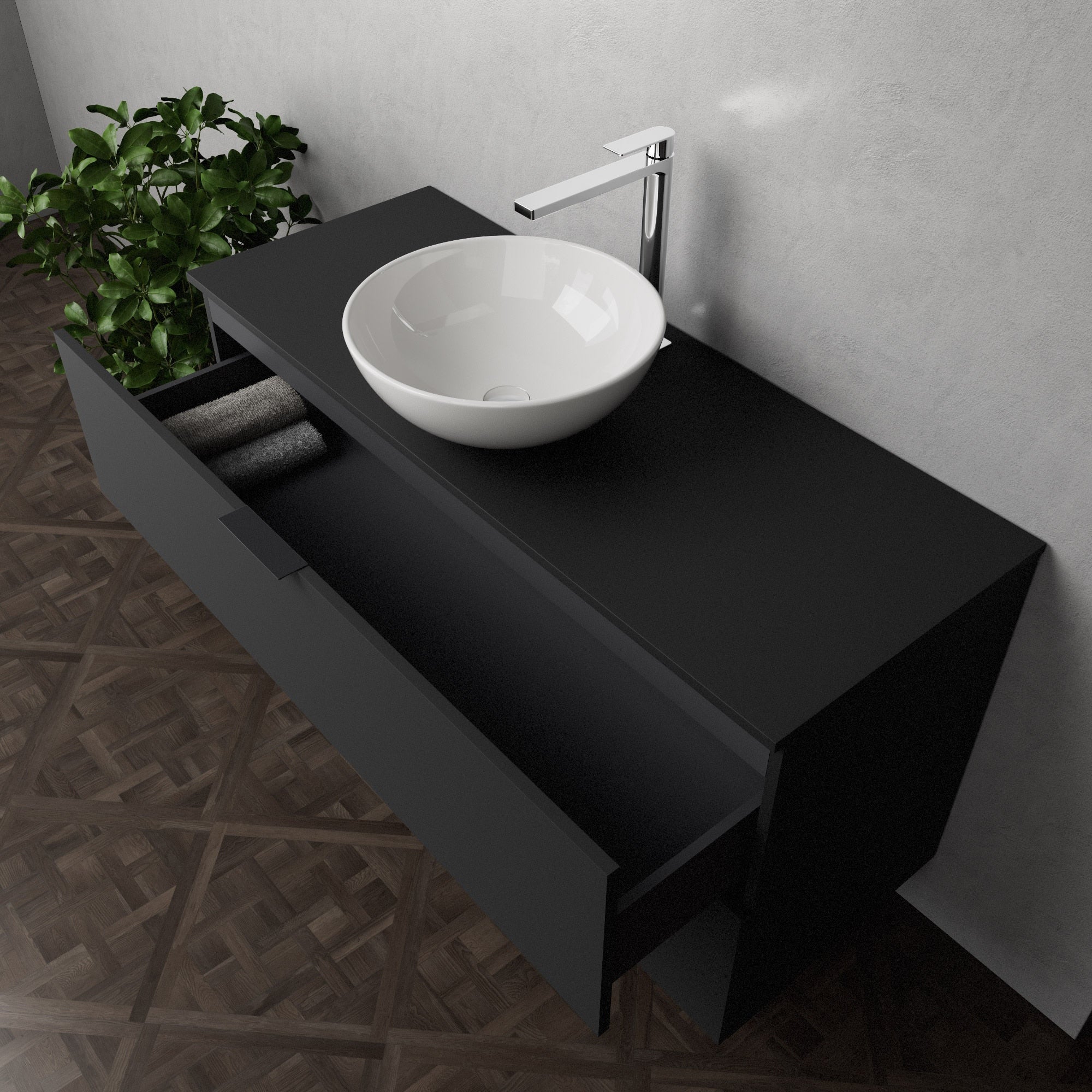 Inda - Mobile bagno L.120 con lavabo in appoggio / Nero opaco 2 cassetti - Topazio