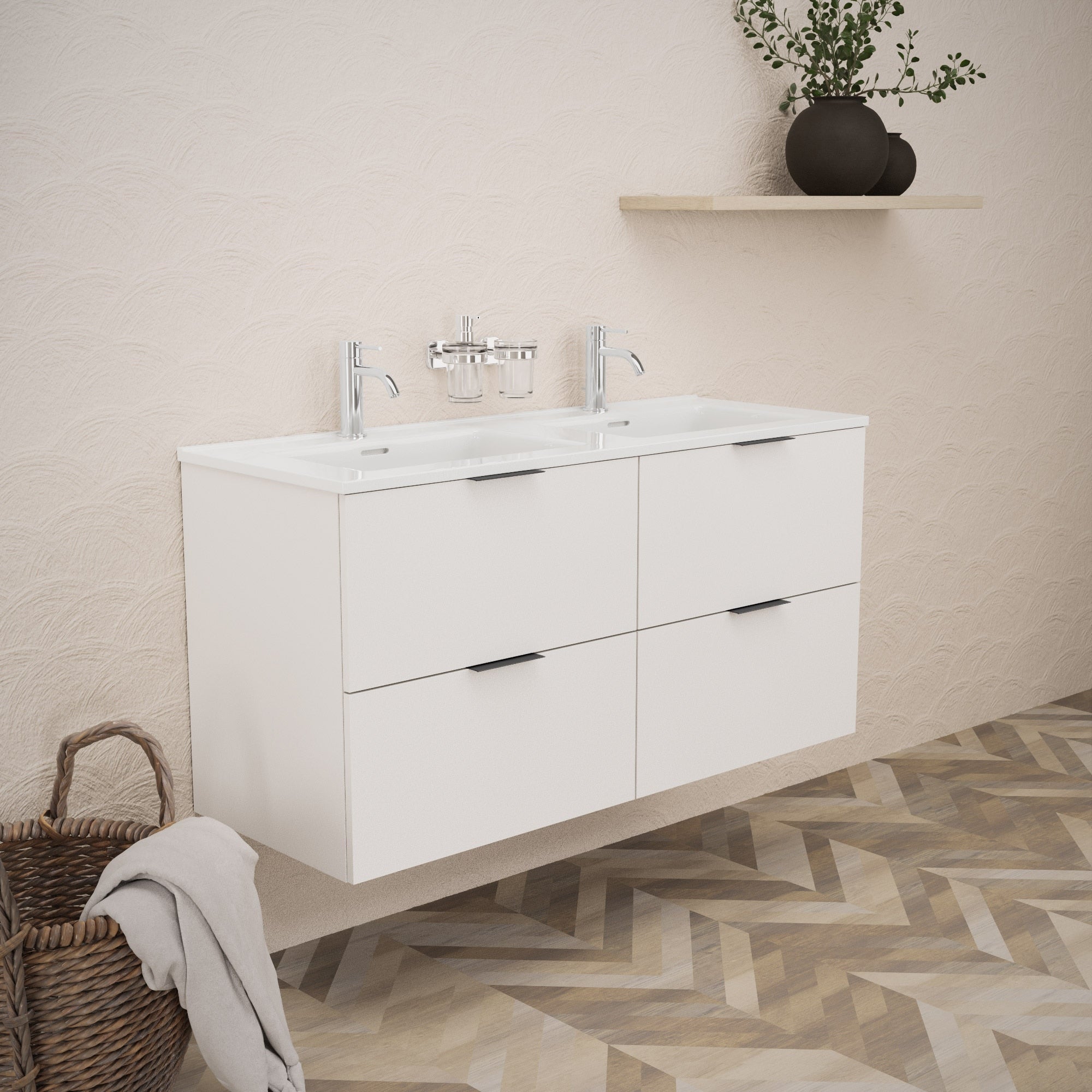 Inda - Mobile bagno L.120 con doppio lavabo lucido / Bianco opaco 4 cassetti - Topazio