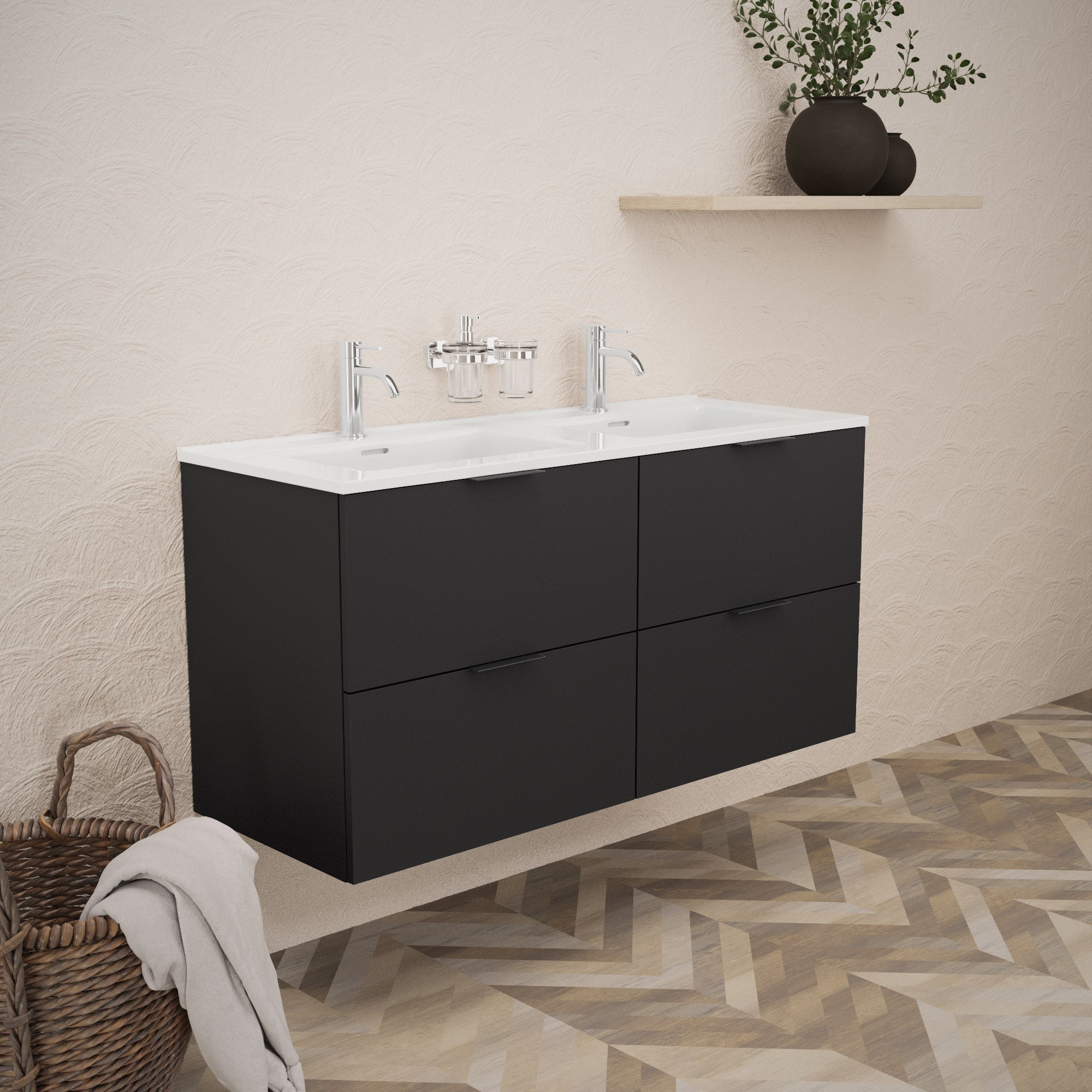 Inda - Mobile bagno L.120 con doppio lavabo lucido / Nero opaco 4 cassetti - Topazio