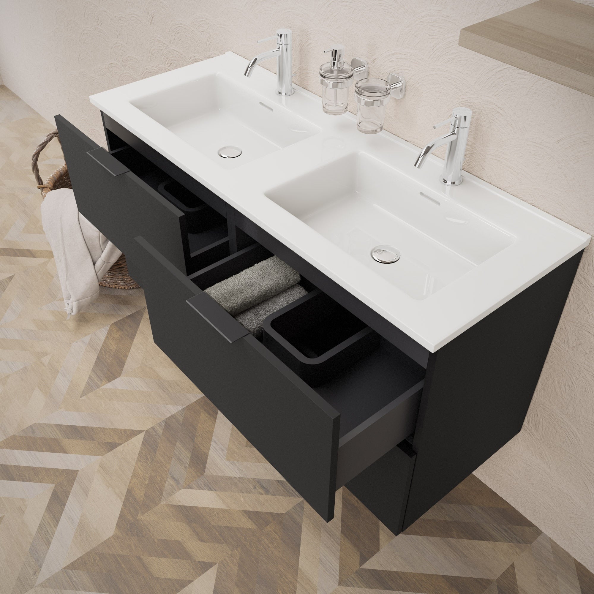 Inda - Mobile bagno L.120 con doppio lavabo lucido / Nero opaco 4 cassetti - Topazio