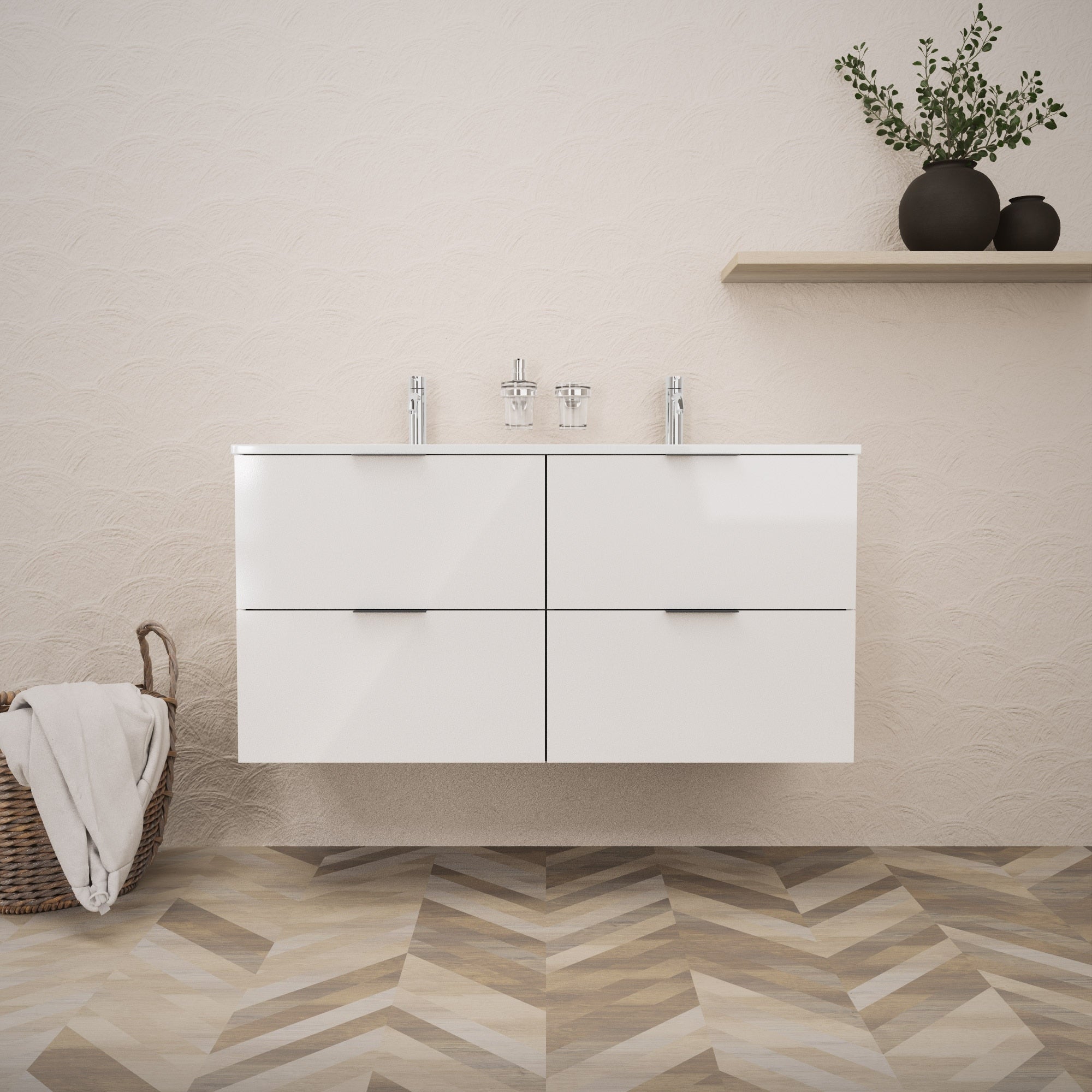 Inda - Mobile bagno L.120 con doppio lavabo lucido / Bianco lucido 4 cassetti - Topazio
