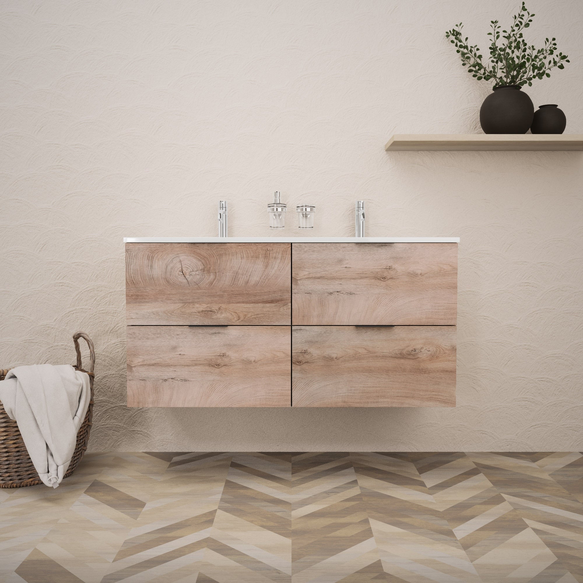 Inda - Mobile bagno L.120 con doppio lavabo lucido / Rovere naturale 4 cassetti - Topazio