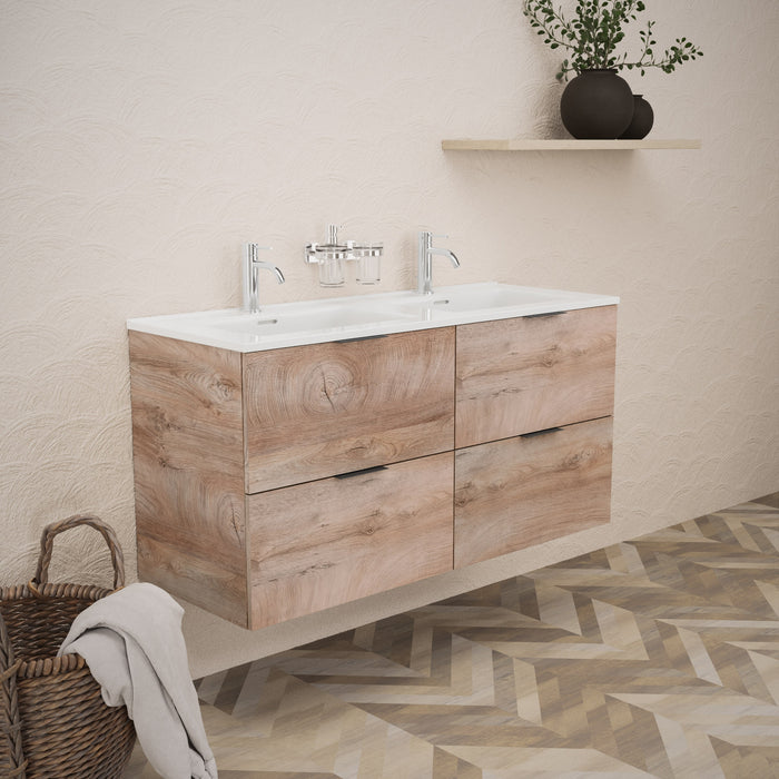 Inda - Mobile bagno L.120 con doppio lavabo lucido / Rovere naturale 4 cassetti - Topazio
