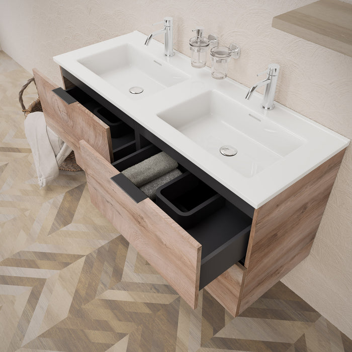 Inda - Mobile bagno L.120 con doppio lavabo lucido / Rovere naturale 4 cassetti - Topazio