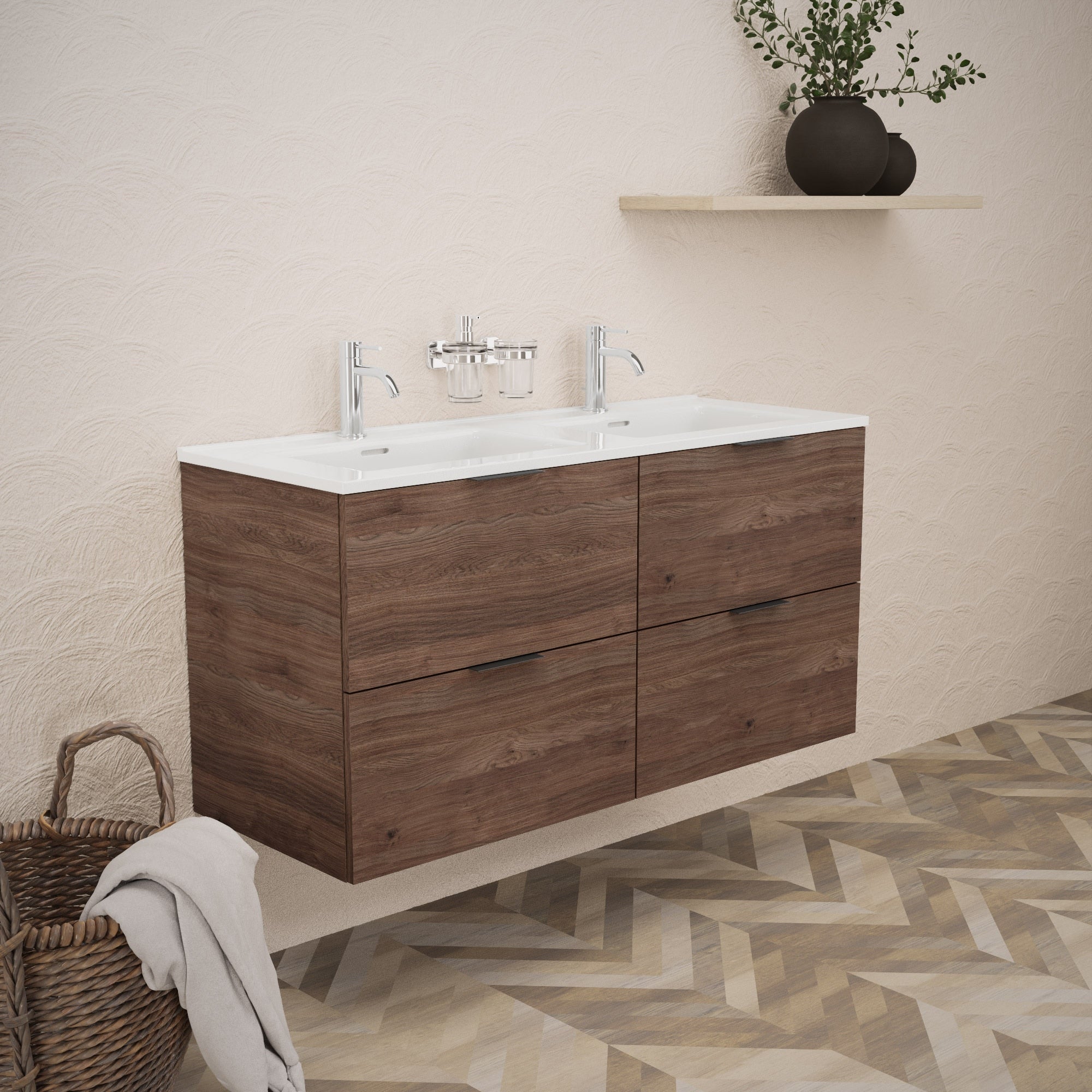 Inda - Mobile bagno L.120 con doppio lavabo lucido / Rovere castano 4 cassetti - Topazio