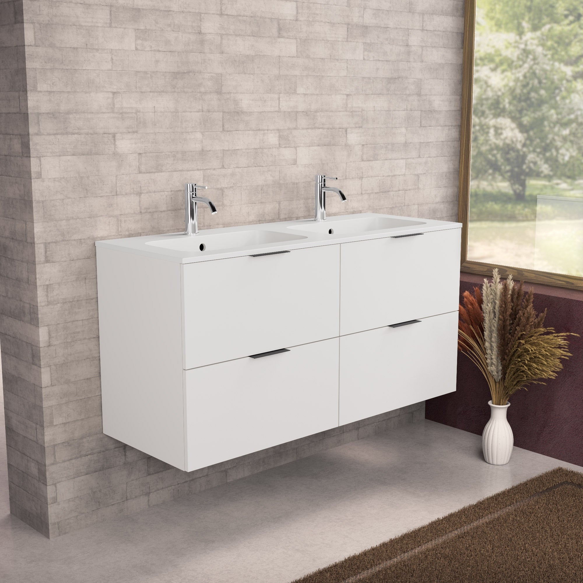 Inda - Mobile bagno L.120 con doppio lavabo opaco / Bianco opaco 4 cassetti - Topazio