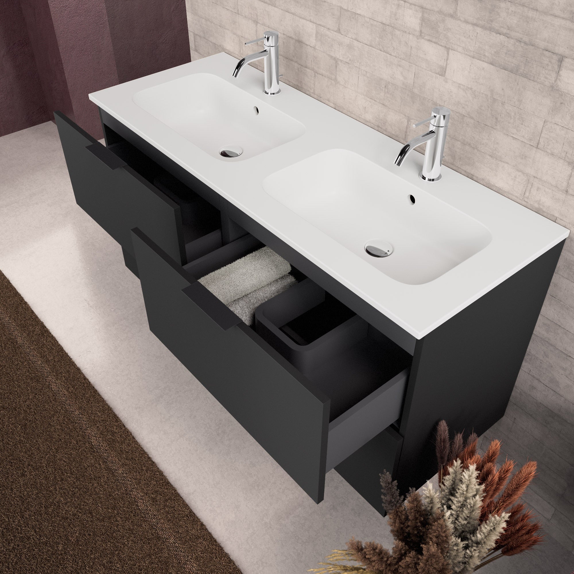 Inda - Mobile bagno L.120 con doppio lavabo opaco / Nero opaco 4 cassetti - Topazio