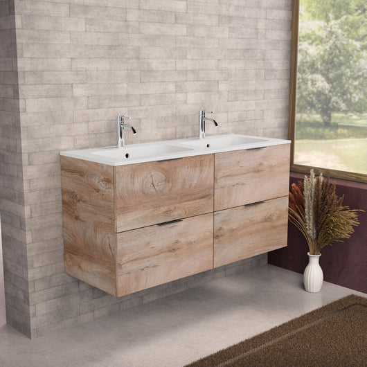 Inda - Mobile bagno L.120 con doppio lavabo opaco / Rovere naturale 4 cassetti - Topazio