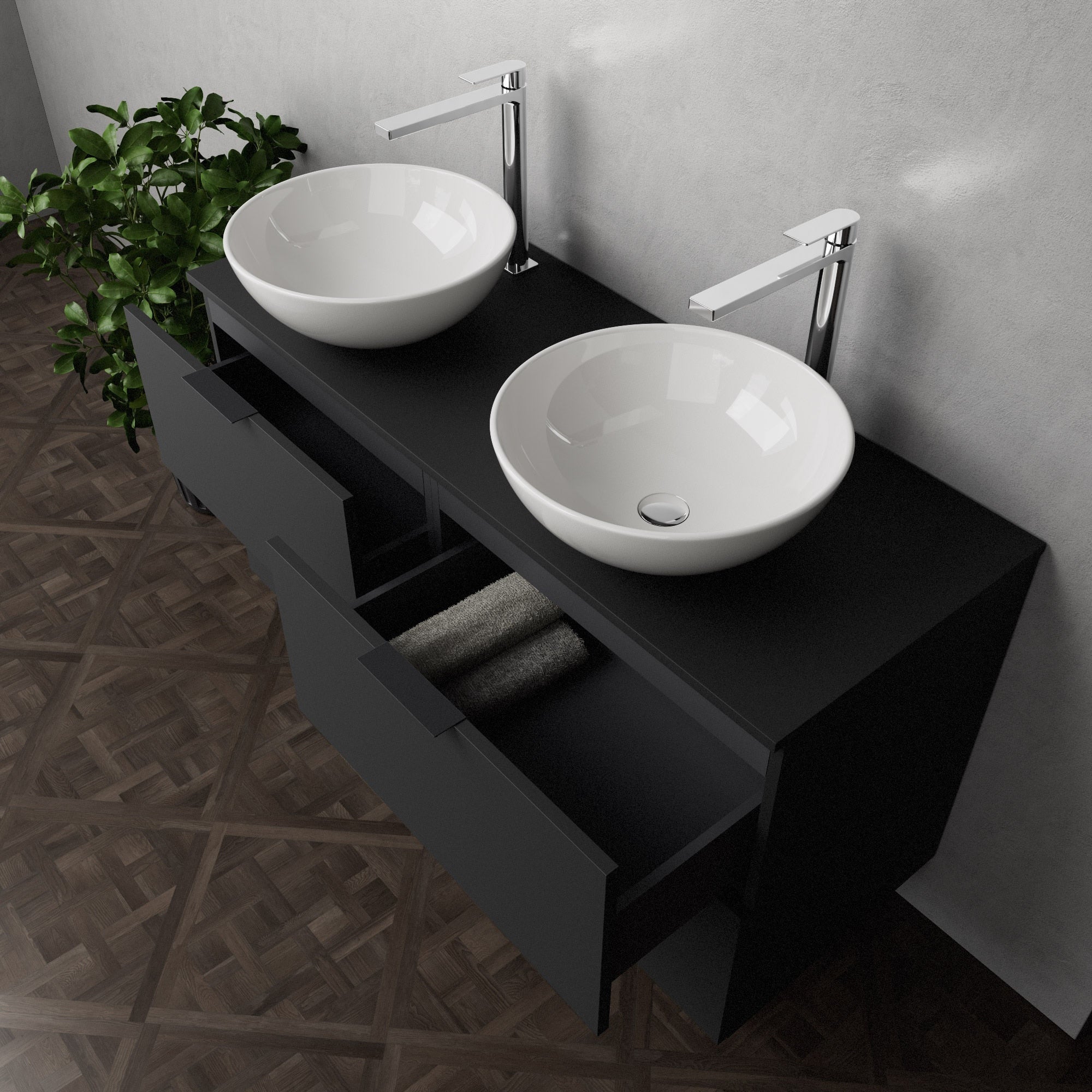 Inda - Mobile bagno L.120 con doppio lavabo in appoggio / Nero opaco 4 cassetti - Topazio