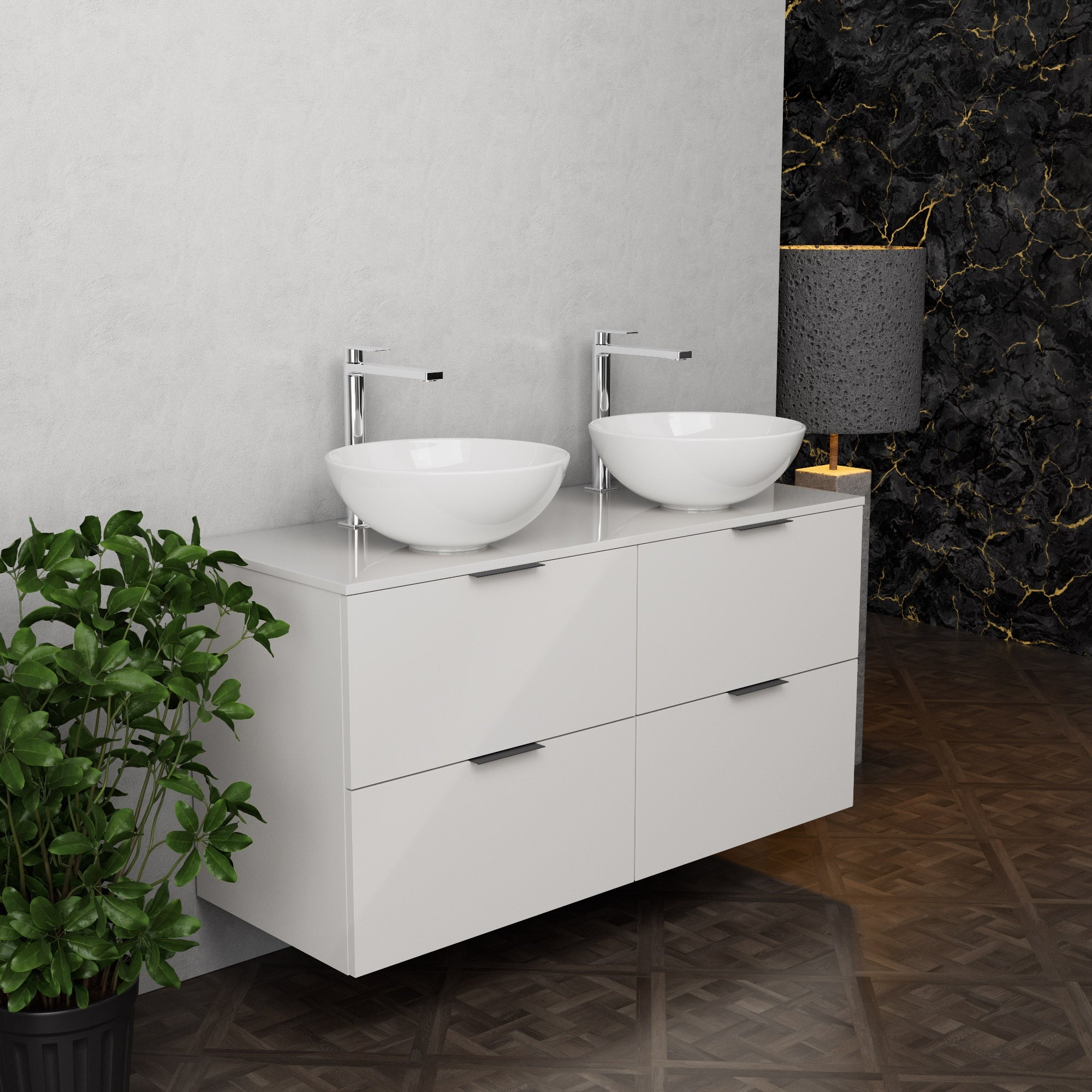 Inda - Mobile bagno L.120 con doppio lavabo in appoggio / Bianco lucido 4 cassetti - Topazio