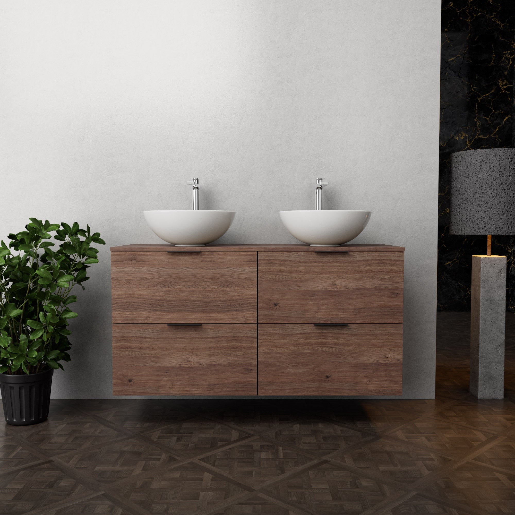 Inda - Mobile bagno L.120 con doppio lavabo in appoggio / Rovere castano 4 cassetti - Topazio