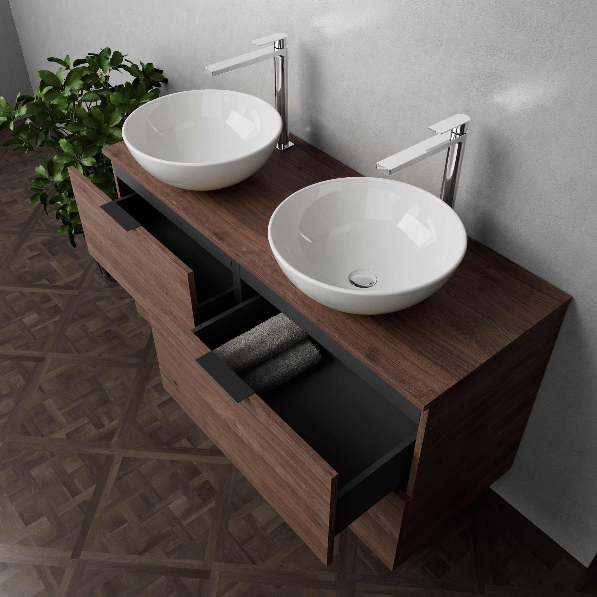 Inda - Mobile bagno L.120 con doppio lavabo in appoggio / Rovere castano 4 cassetti - Topazio
