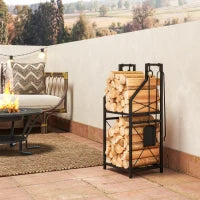 Portalegna in Metallo a 2 Livelli con 4 Ganci per Attrezzi 34x30x80 cm Nero