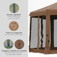 Gazebo da Giardino Pieghevole ed Esagonale con Zanzariera, in Acciaio e Poliestere, 3.2x3.2x2.7 m, Marrone