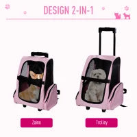 Trasportino Zaino 2 in 1 per Cani e Gatti con Tasche Laterali, Maniglia Telescopica e Ruote, 42x25x55cm, Rosa