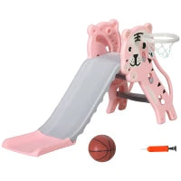 Scivolo per Bambini 18-36 Mesi con Canestro da Basket Laterale, in Plastica, 133x60x70 cm, Rosa e Grigio