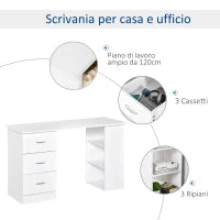 Scrivania Porta PC con 3 Cassetti e 3 Ripiani, Scrivania per Camera e Ufficio in Legno 120x49x72cm Bianco
