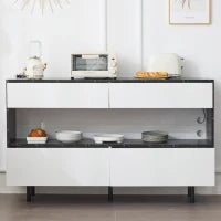 Credenza moderna effetto marmo nero con ripiani aperti, 4 cassetti e illuminazione LED, 150x35x89,5 cm, Bianco e Nero