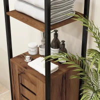 kleankin Mobile Colonna Bagno con 3 Ripiani Aperti, Porta a Doghe, Ripiani Regolabili, Stile Industriale, Marrone Rustico