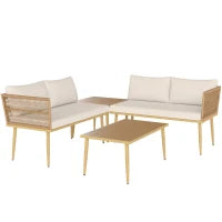Set Salotto da Esterno in Rattan PE con 2 Divani a 2 Posti con Cuscini e 2 Tavoli da Caffè, Colore Legno