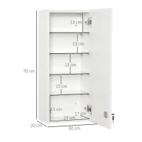 kleankin Armadietto Medicinali a Muro con Serratura, 5 Ripiani e Mensole Regolabili, in Legno e Vetro, Bianco, 30x20x70cm