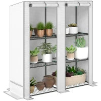 Serra da Giardino con Tetto Inclinato, 3 Mensole, 2 Porte a Rotolo e Telaio in Acciaio 144x48x152 cm Bianco