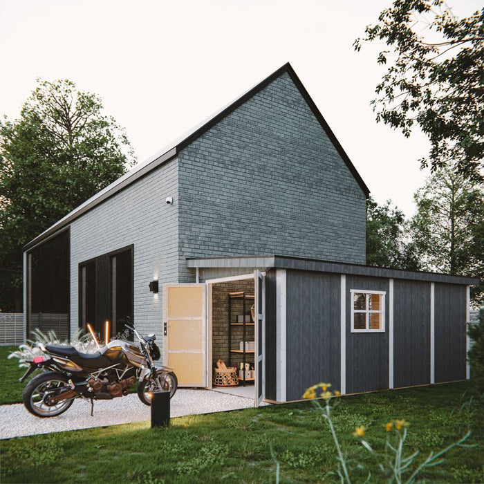 Casetta da giardino di qualità PREMIUM 11,47 mq - H231x248x530 cm - Senza pavimento e parete laterale - Timbela M940B-CAVERN STEEL