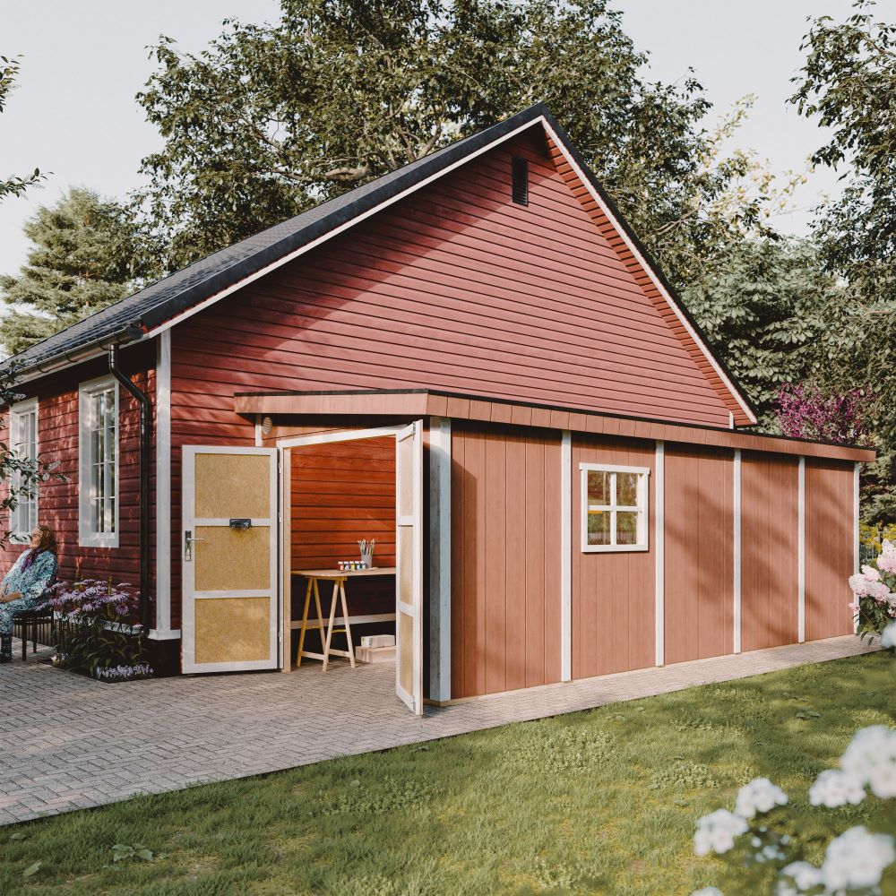 Casetta da giardino di qualità PREMIUM 14,3 mq - H231x248x648 cm - Senza pavimento e parete laterale - Timbela M941B