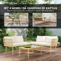 Set Salotto da Esterno in Rattan PE con 2 Divani a 2 Posti con Cuscini e 2 Tavoli da Caffè, Colore Legno