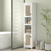 Colonna da Bagno con Ripiani Regolabili 2 Porte con Frontale in Rattan e 2 Compartimenti 40x30x167,5 cm Bianco