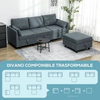 Divano Componibile Modulare 3 Posti con Pouf Poggiapiedi e Cuscini, Rivestimento in Flanella, Grigio Scuro