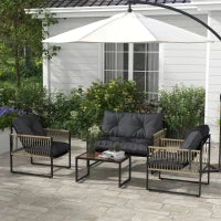 Set da Giardino 4 Pezzi in Rattan con Divanetto, 2 Sedie e Tavolino da Caffè, Grigio e Marrone
