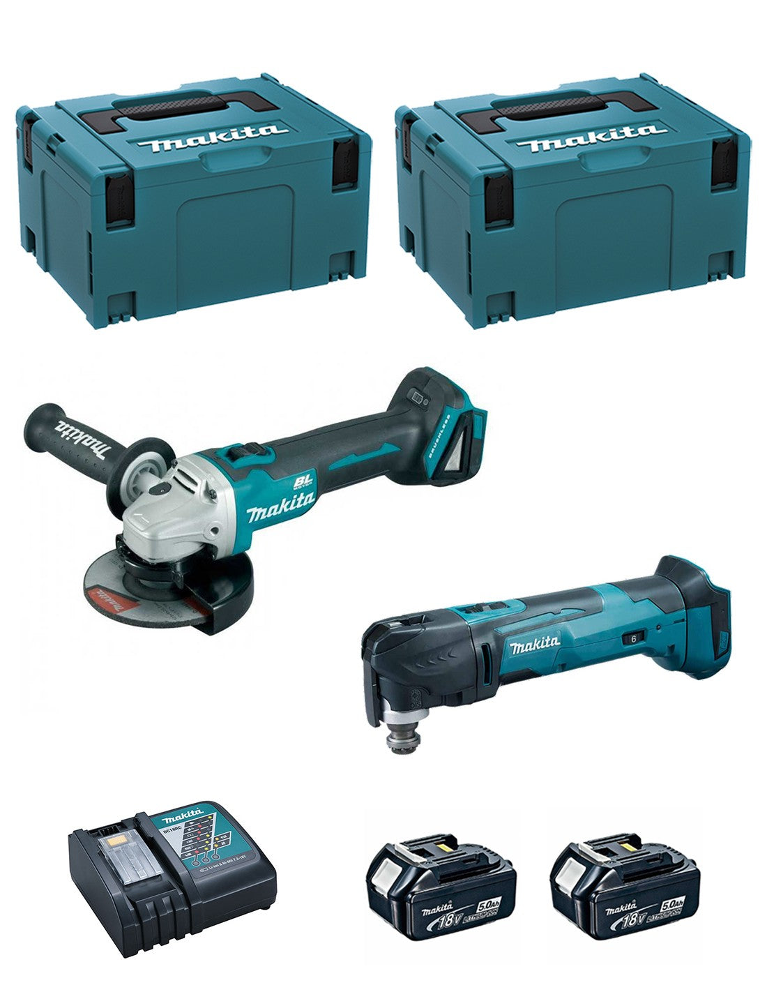MAKITA Kit DLX2154TJ1 (DGA504 + DTM51 + 2 x 5,0 Ah + DC18RC + 2 x MAKPAC 3)