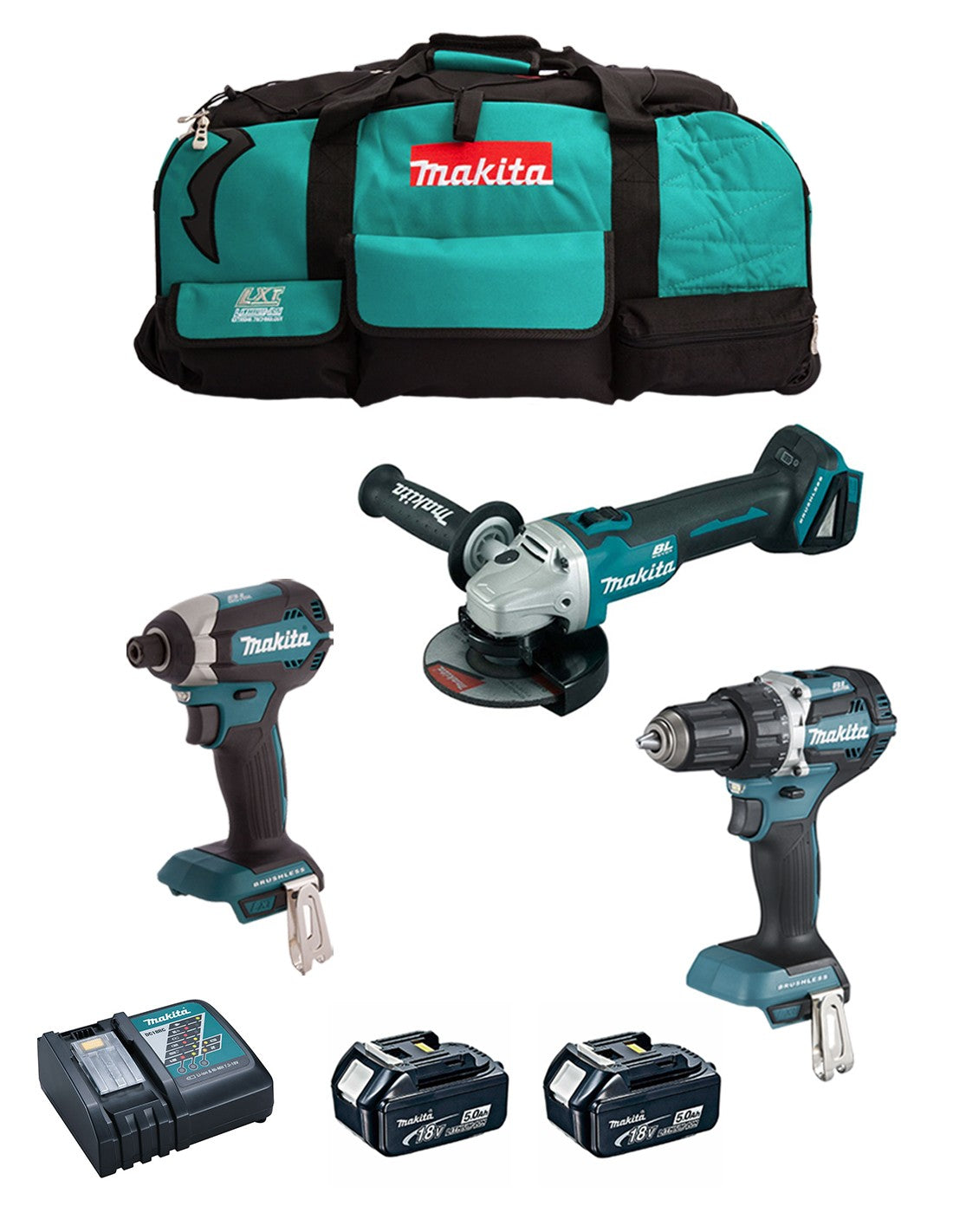 MAKITA Kit DLX3125TX1 (DDF484 + DTD153 + DGA506 + 2 x 5,0 Ah + DC18RC + Borsa)