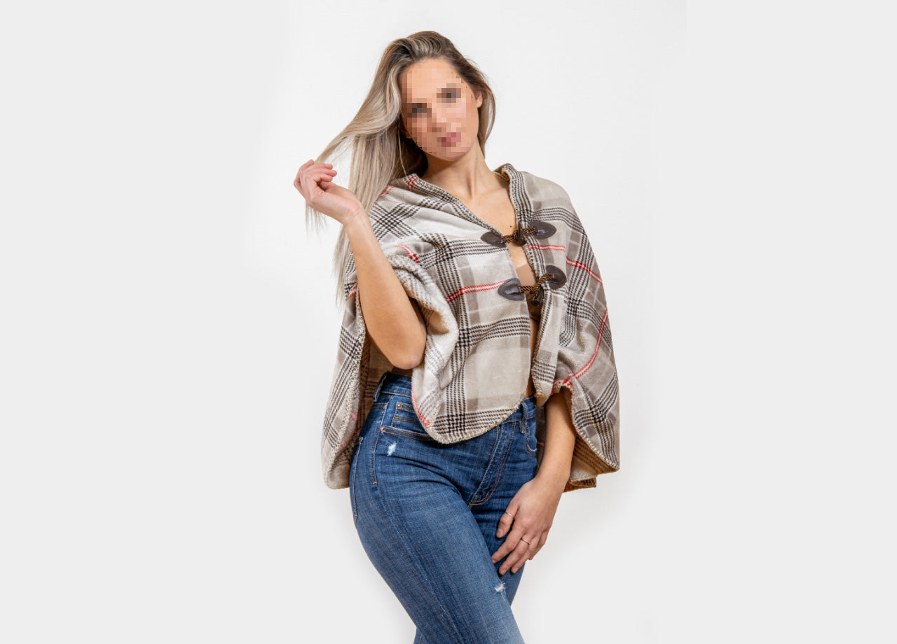 Poncho Mantella Caldo Plaid Coperta Inverno Scozzese Modello London - Mantella - Beige