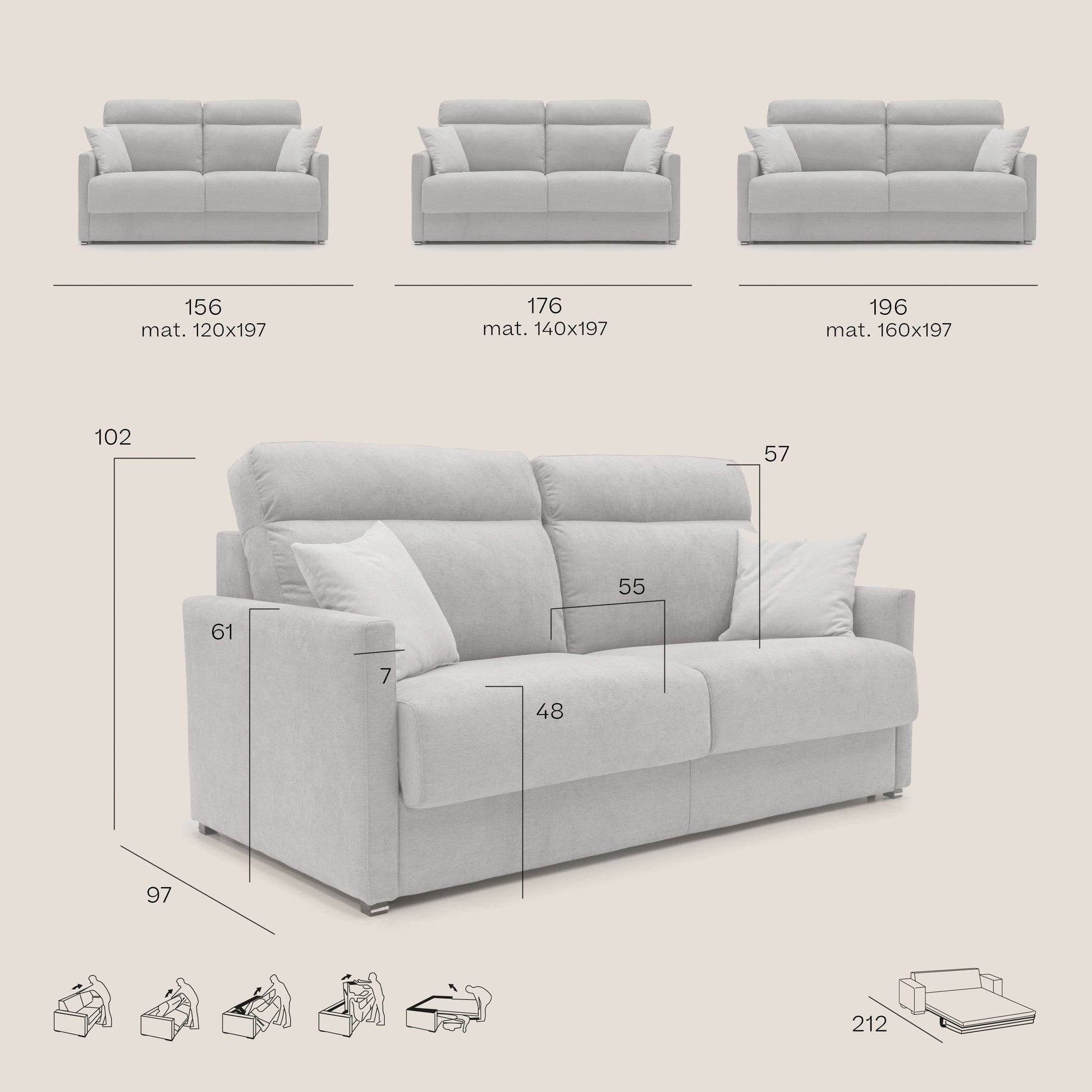 Divano Letto 3 Posti 196x102x97 cm in Tessuto Azzurro